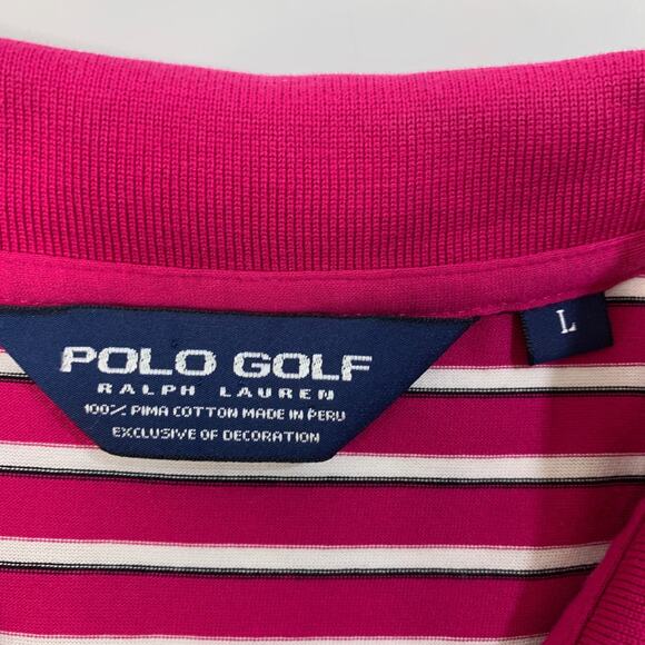 Ralph Lauren Polo Golf Shirt Mens L Large Hot Pink White Pima Cotton Striped - Picture 4 of 8